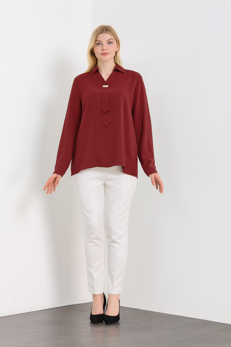 Oversized Long Sleeves Shirt Collar Blouse Top with Brooch Detail in Burgundy