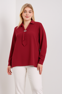 Oversized Long Sleeves Shirt Collar Blouse Top with Brooch Detail in Burgundy