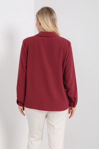 Oversized Long Sleeves Shirt Collar Blouse Top with Brooch Detail in Burgundy