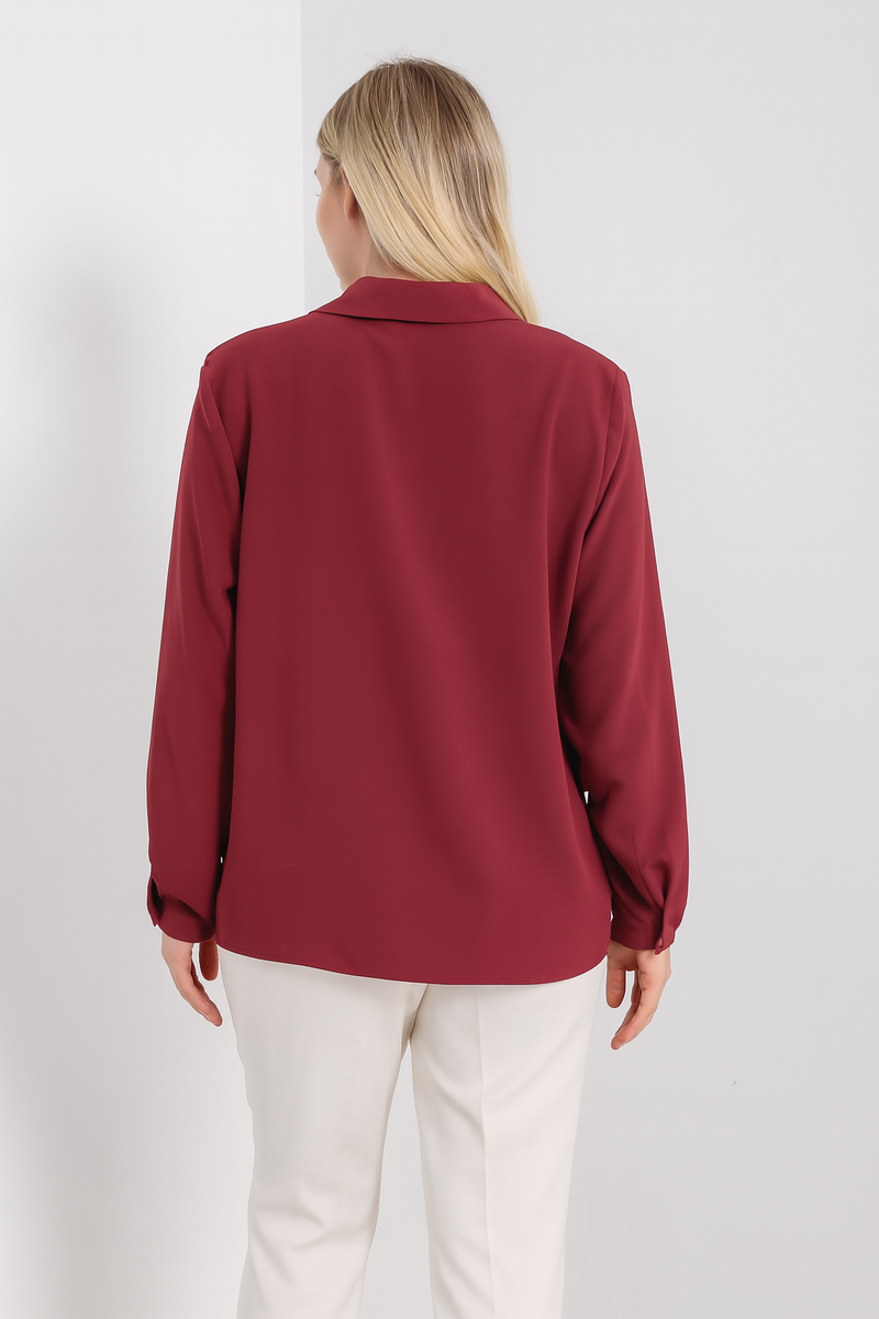 Oversized Long Sleeves Shirt Collar Blouse Top with Brooch Detail in Burgundy