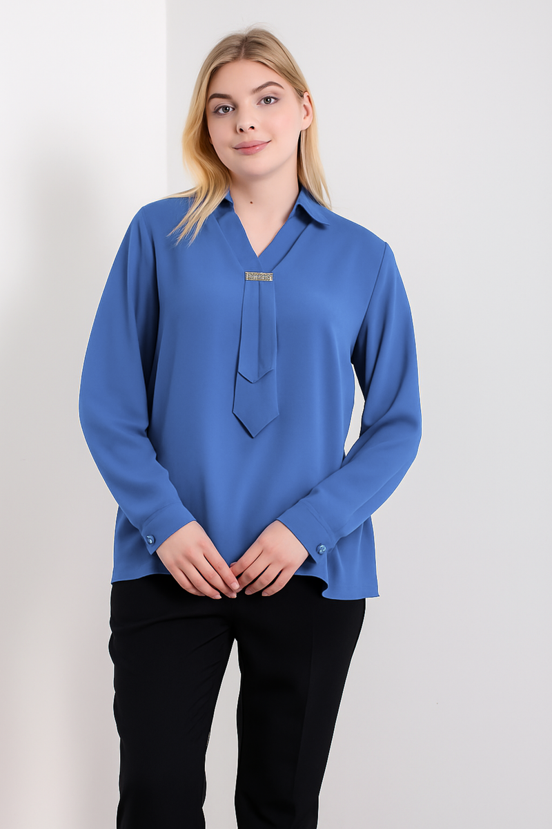 Oversized Long Sleeves Shirt Collar Blouse Top with Brooch Detail in Indigo