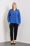 Oversized Long Sleeves Shirt Collar Blouse Top with Brooch Detail in Indigo