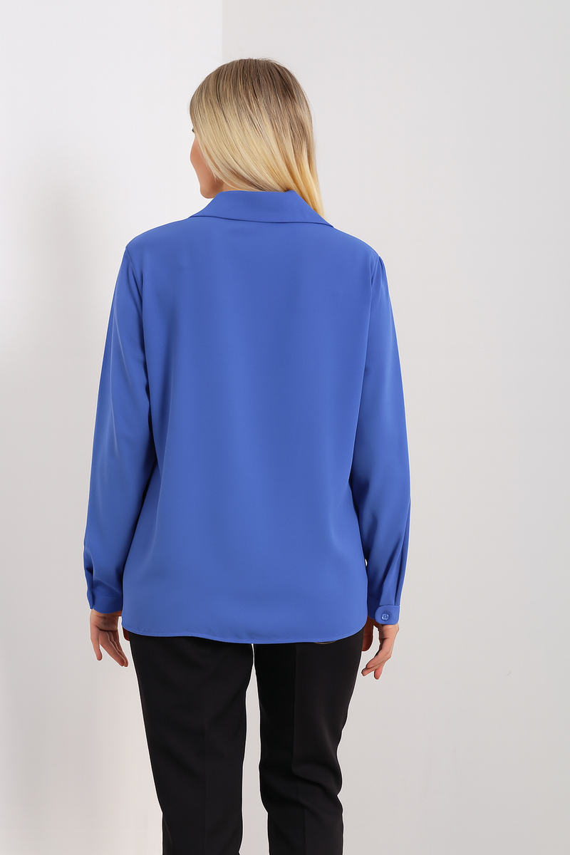 Oversized Long Sleeves Shirt Collar Blouse Top with Brooch Detail in Indigo