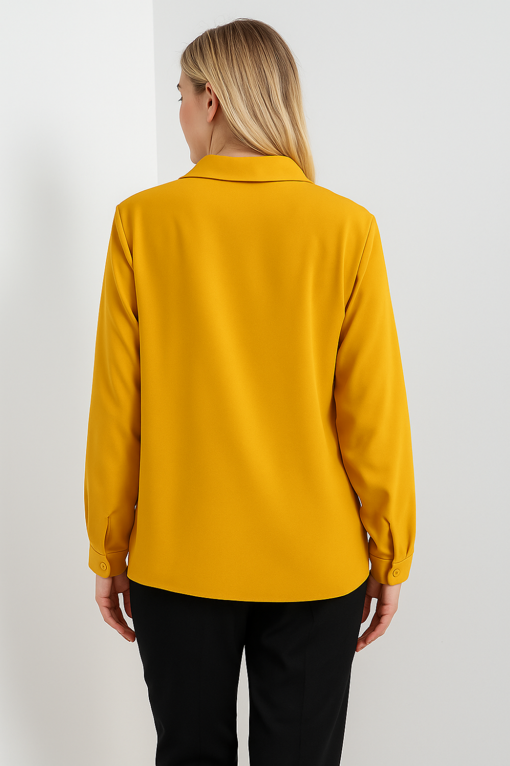 Oversized Long Sleeves Shirt Collar Blouse Top with Brooch Detail in Mustard