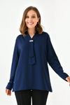 Oversized Long Sleeves Shirt Collar Blouse Top with Brooch Detail in Navy