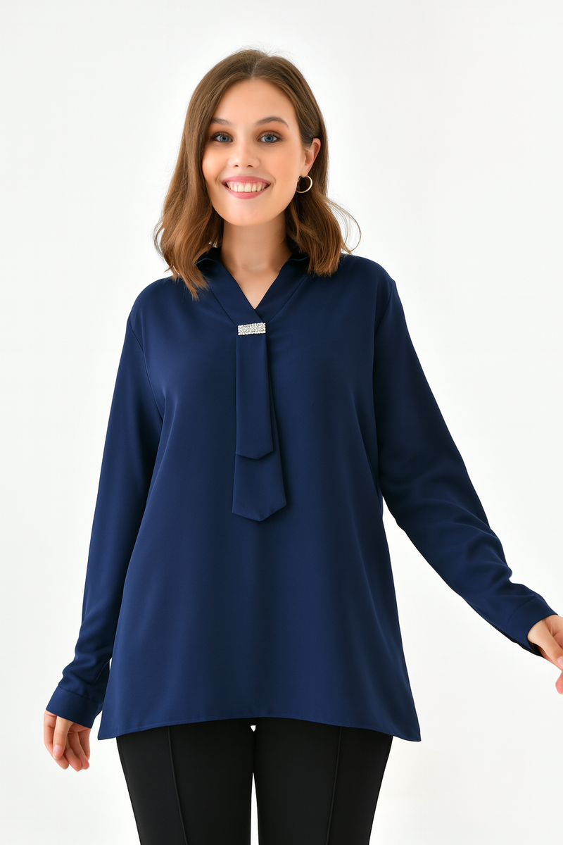 Oversized Long Sleeves Shirt Collar Blouse Top with Brooch Detail in Navy