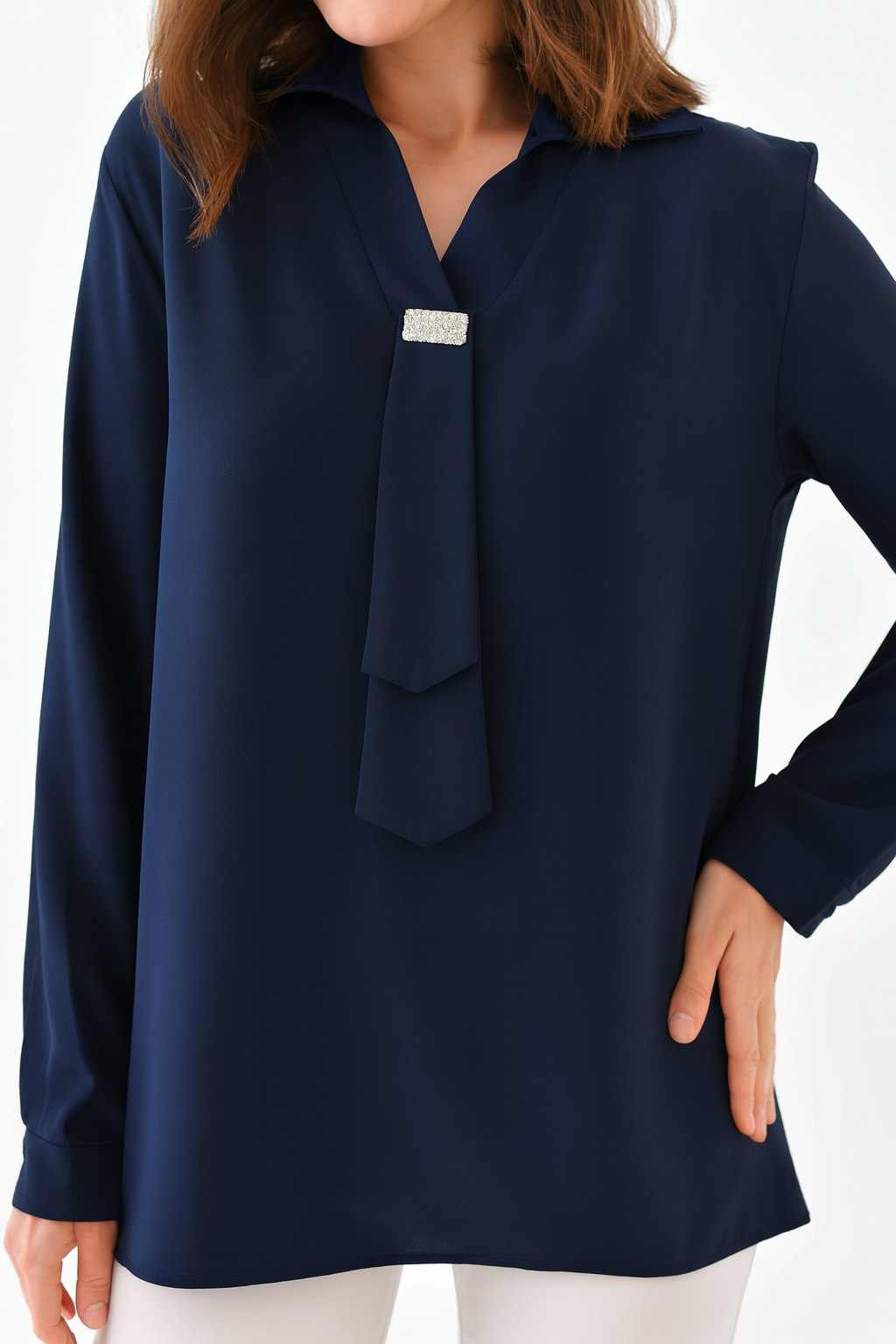Oversized Long Sleeves Shirt Collar Blouse Top with Brooch Detail in Navy