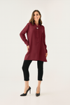 Oversized Long Sleeves Shirt Collar Tunic Top with Brooch Detail in Burgundy