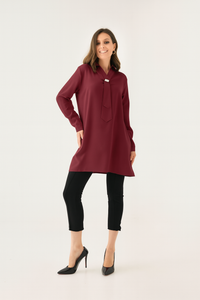 Oversized Long Sleeves Shirt Collar Tunic Top with Brooch Detail in Burgundy