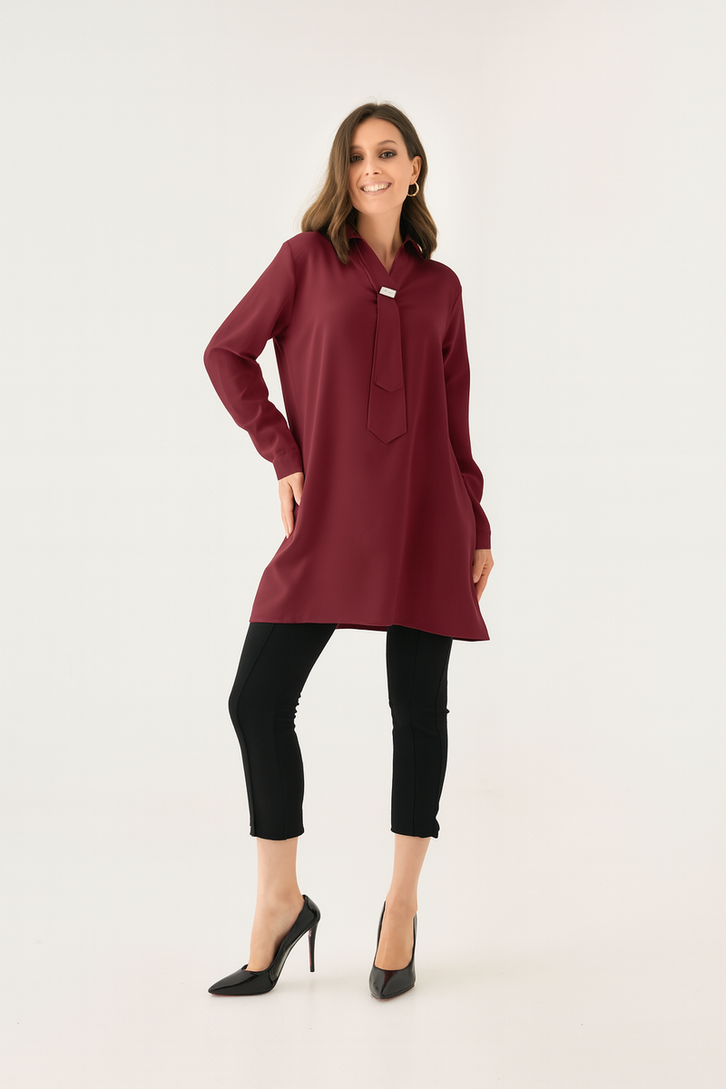 Oversized Long Sleeves Shirt Collar Tunic Top with Brooch Detail in Burgundy