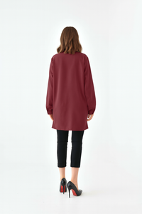Oversized Long Sleeves Shirt Collar Tunic Top with Brooch Detail in Burgundy