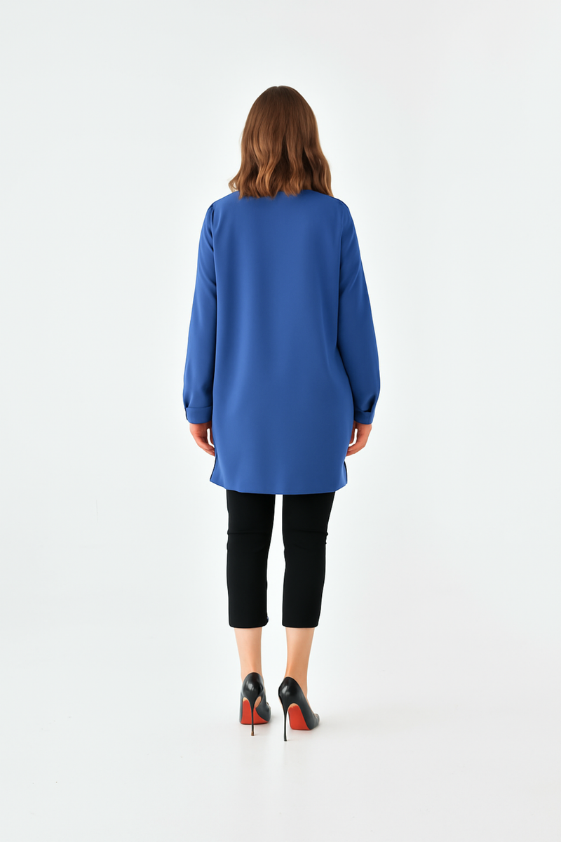 Oversized Long Sleeves Shirt Collar Tunic Top with Brooch Detail in Indigo