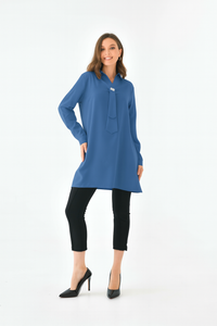 Oversized Long Sleeves Shirt Collar Tunic Top with Brooch Detail in Indigo