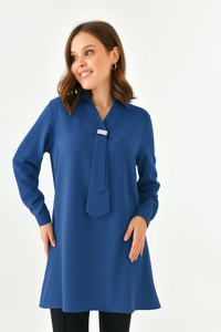 Oversized Long Sleeves Shirt Collar Tunic Top with Brooch Detail in Indigo