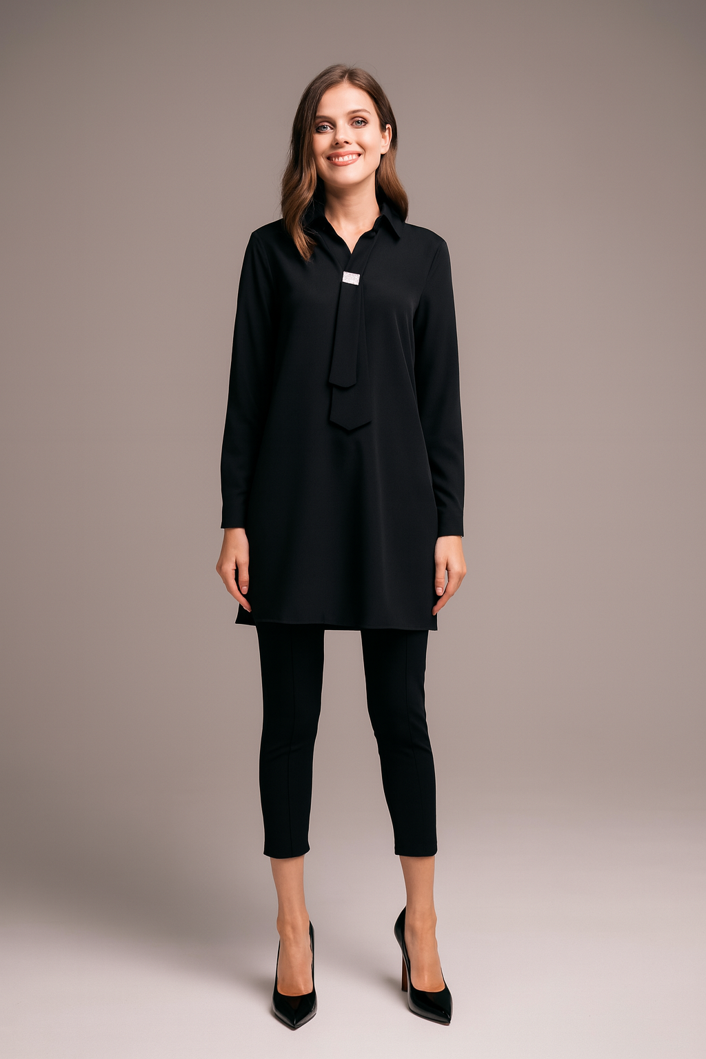 Oversized Long Sleeves Shirt Collar Tunic Top with Brooch Detail in Black