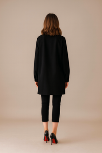 Oversized Long Sleeves Shirt Collar Tunic Top with Brooch Detail in Black