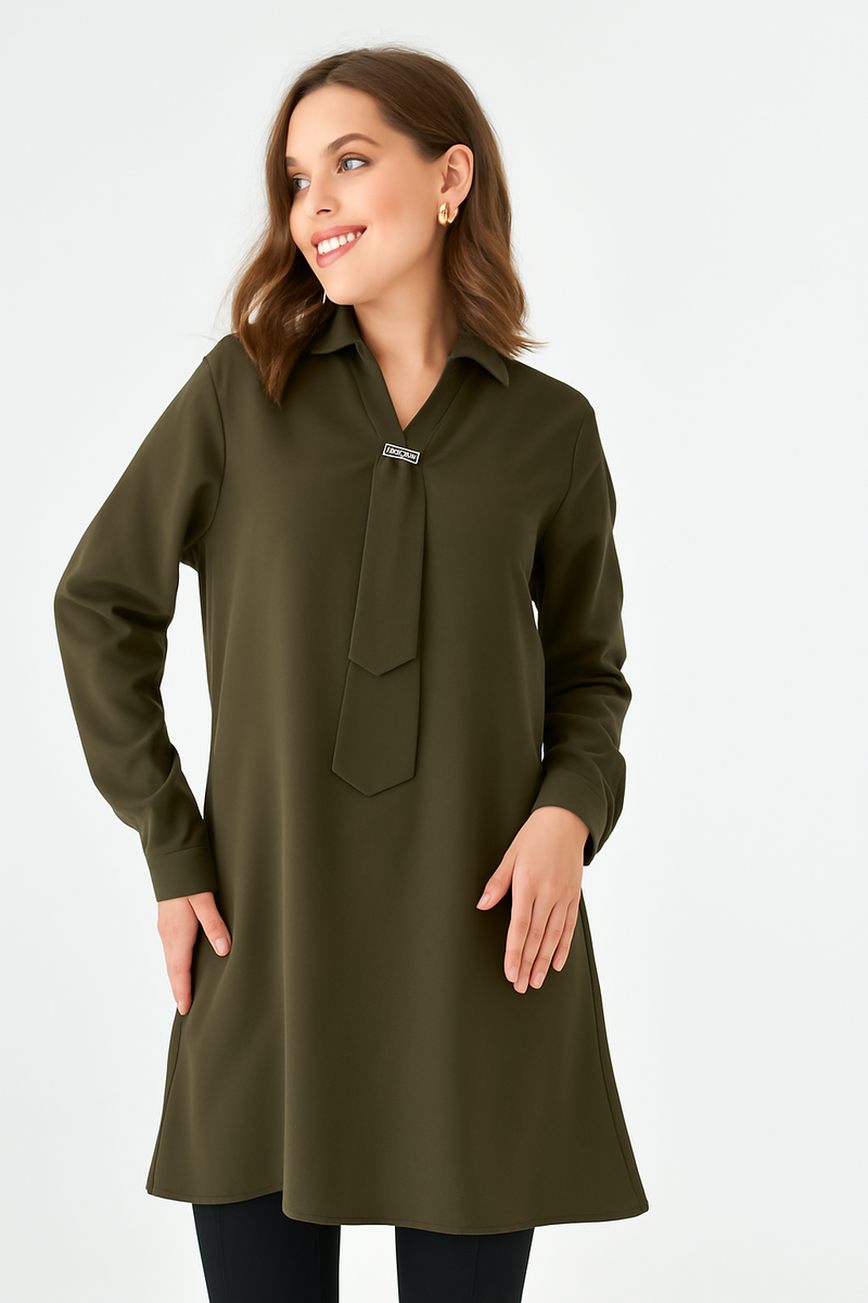 Oversized Long Sleeves Shirt Collar Tunic Top with Brooch Detail in Khaki