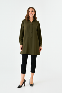 Oversized Long Sleeves Shirt Collar Tunic Top with Brooch Detail in Khaki