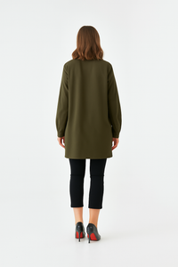 Oversized Long Sleeves Shirt Collar Tunic Top with Brooch Detail in Khaki