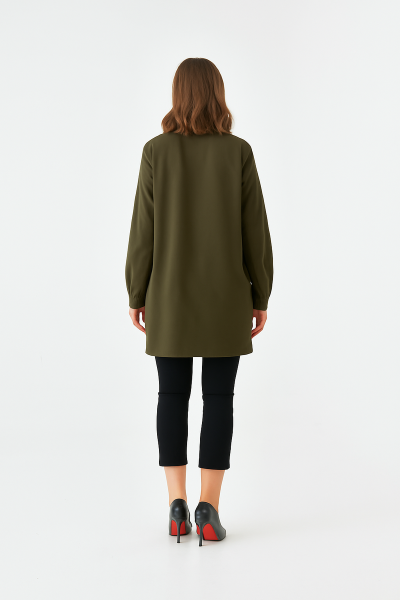 Oversized Long Sleeves Shirt Collar Tunic Top with Brooch Detail in Khaki