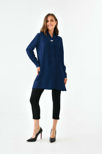 Oversized Long Sleeves Shirt Collar Tunic Top with Brooch Detail in Navy