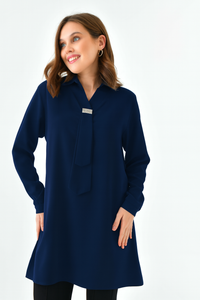 Oversized Long Sleeves Shirt Collar Tunic Top with Brooch Detail in Navy