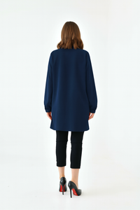 Oversized Long Sleeves Shirt Collar Tunic Top with Brooch Detail in Navy