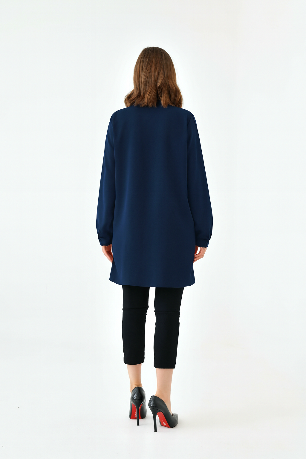 Oversized Long Sleeves Shirt Collar Tunic Top with Brooch Detail in Navy