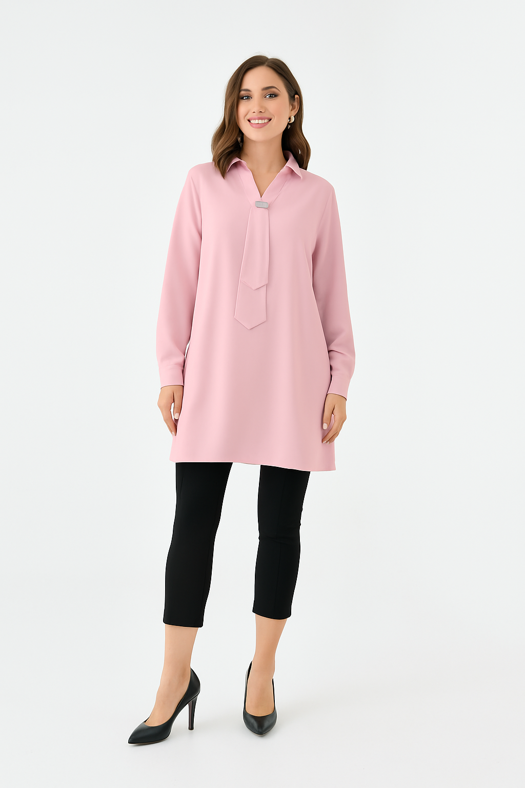 Oversized Long Sleeves Shirt Collar Tunic Top with Brooch Detail in Pink