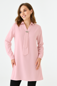Oversized Long Sleeves Shirt Collar Tunic Top with Brooch Detail in Pink