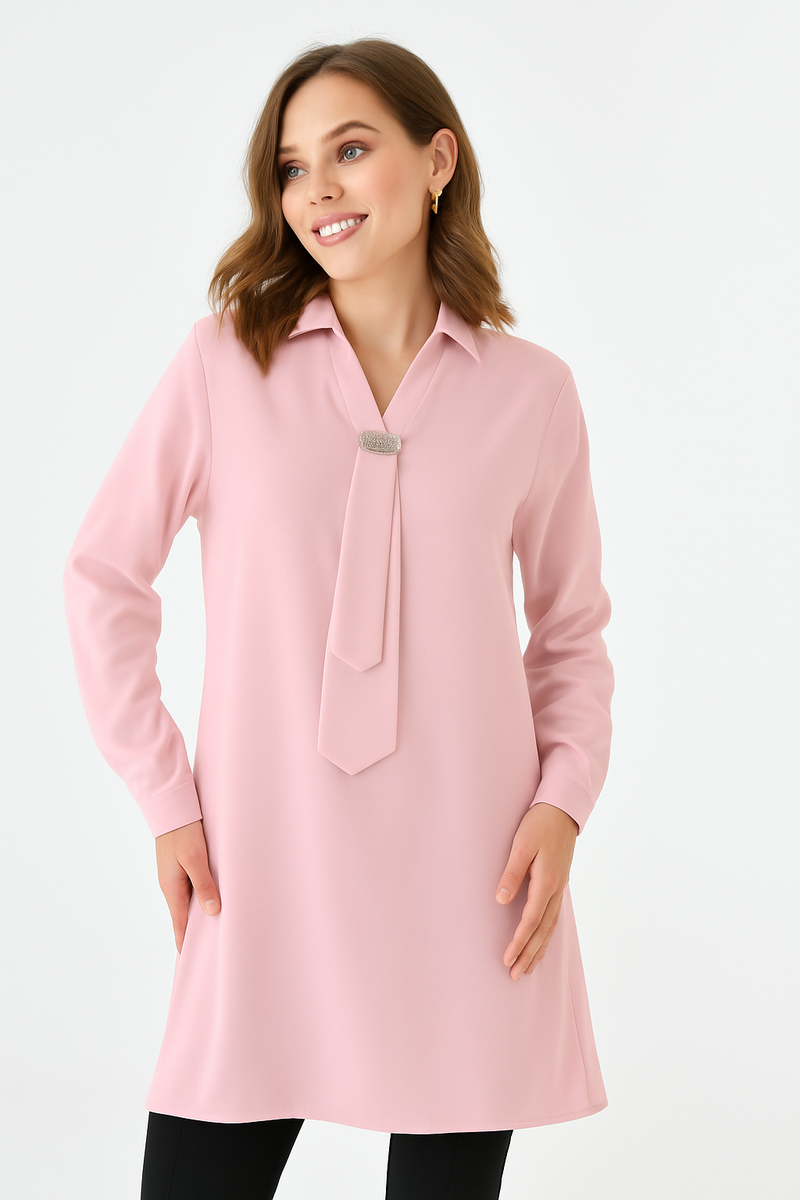Oversized Long Sleeves Shirt Collar Tunic Top with Brooch Detail in Pink