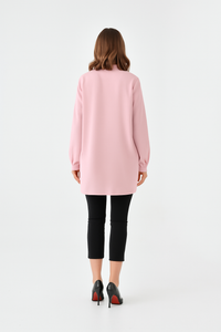Oversized Long Sleeves Shirt Collar Tunic Top with Brooch Detail in Pink