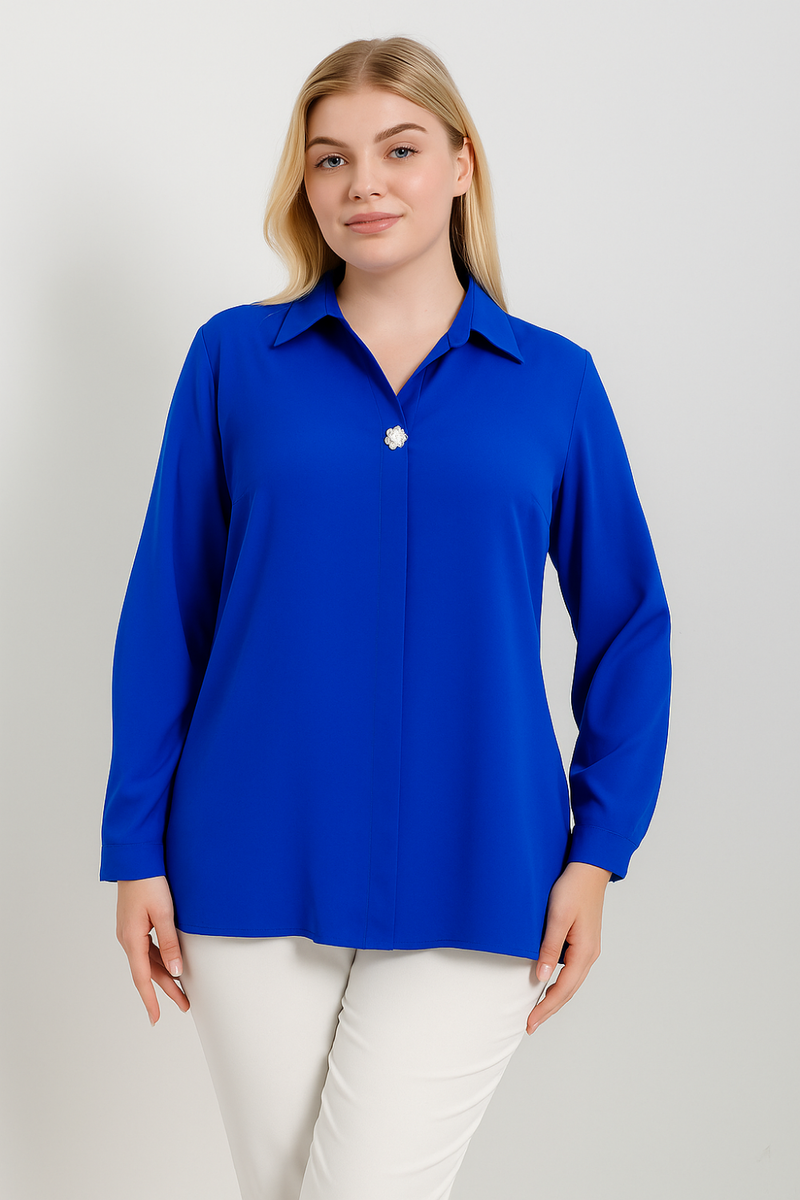 Oversized Long Sleeves Blouse with Brooch Details in Indigo