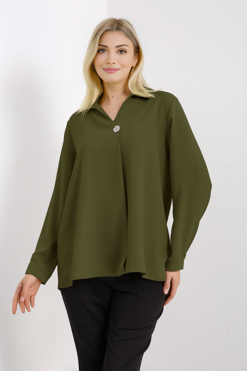 Oversized Long Sleeves Blouse with Brooch Details in Khaki