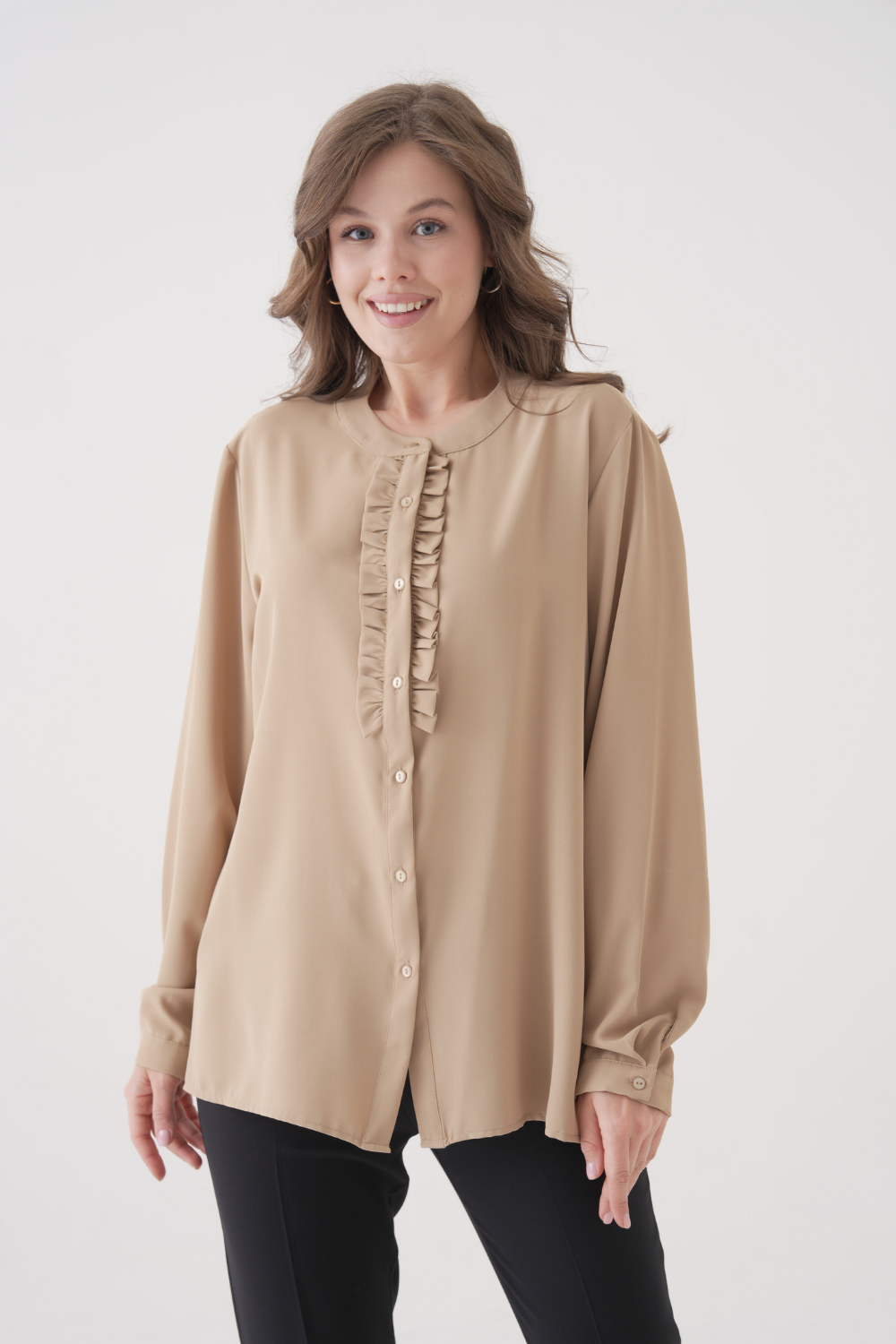 Oversized Long Sleeve with Ruffle Detail Blouse in Beige