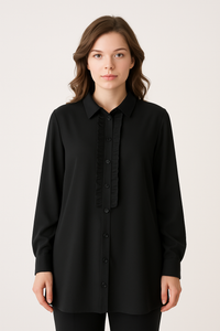 Oversized Long Sleeve with Ruffle Detail Tunic in Black