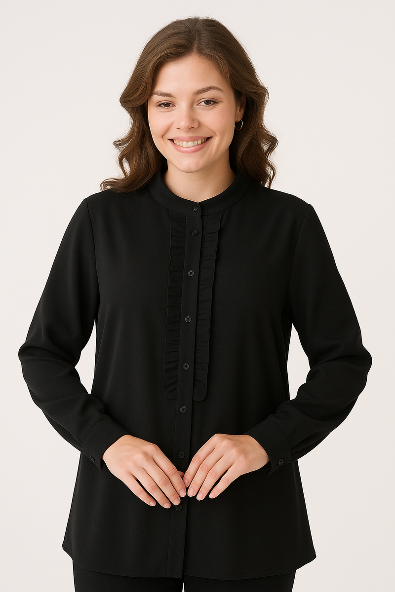Oversized Long Sleeve with Ruffle Detail Tunic in Black