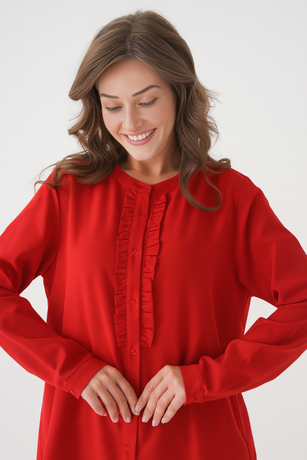 Oversized Long Sleeve with Ruffle Detail Tunic in Red