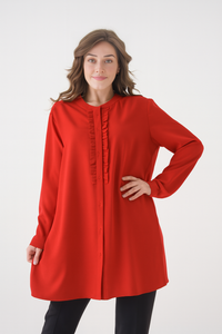 Oversized Long Sleeve with Ruffle Detail Tunic in Red