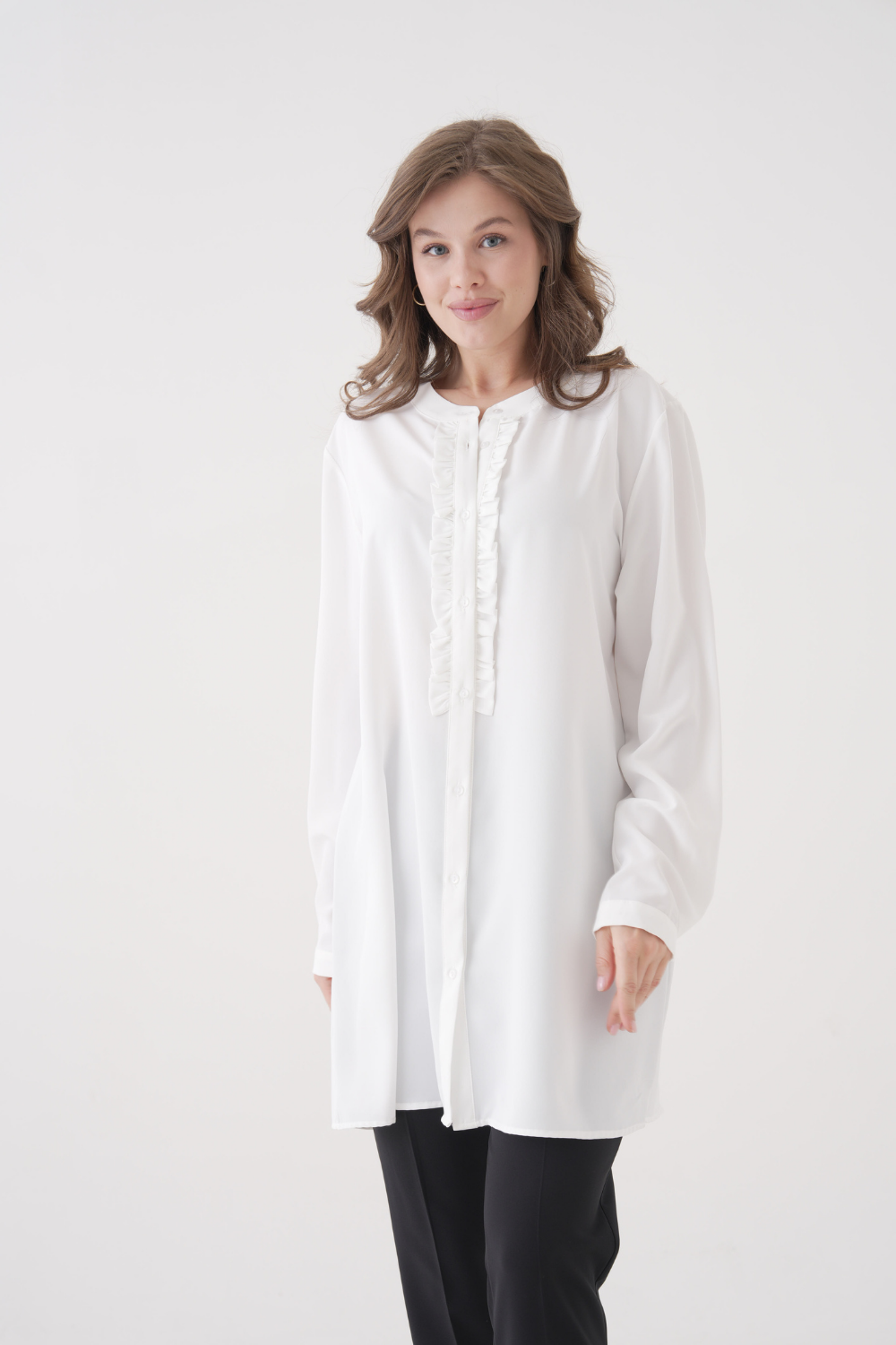 Oversized Long Sleeve with Ruffle Detail Tunic in White