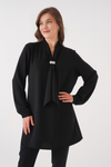 Relaxed Fit V-neckline Long Sleeve Tunic with Brooch Detail in Black