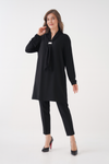 Relaxed Fit V-neckline Long Sleeve Tunic with Brooch Detail in Black