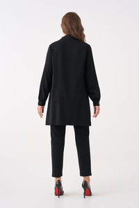 Relaxed Fit V-neckline Long Sleeve Tunic with Brooch Detail in Black