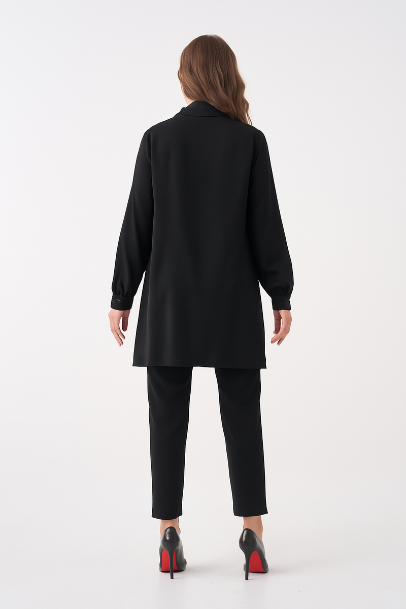 Relaxed Fit V-neckline Long Sleeve Tunic with Brooch Detail in Black