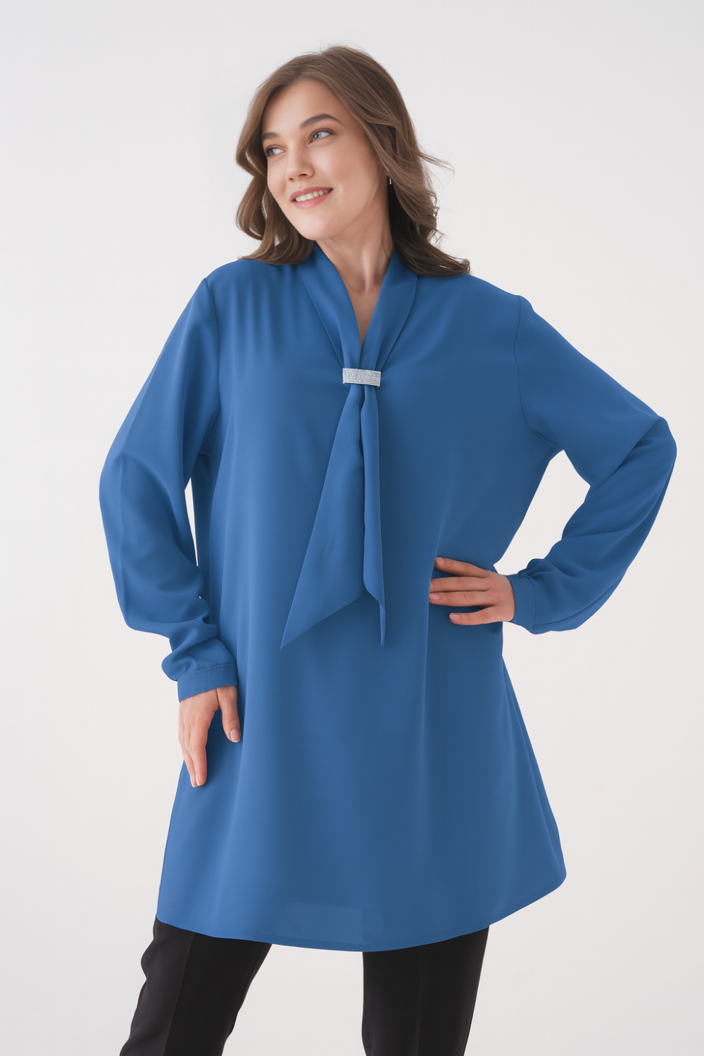 Relaxed Fit V-neckline Long Sleeve Tunic with Brooch Detail in Indigo