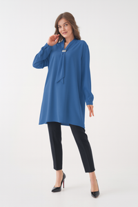 Relaxed Fit V-neckline Long Sleeve Tunic with Brooch Detail in Indigo