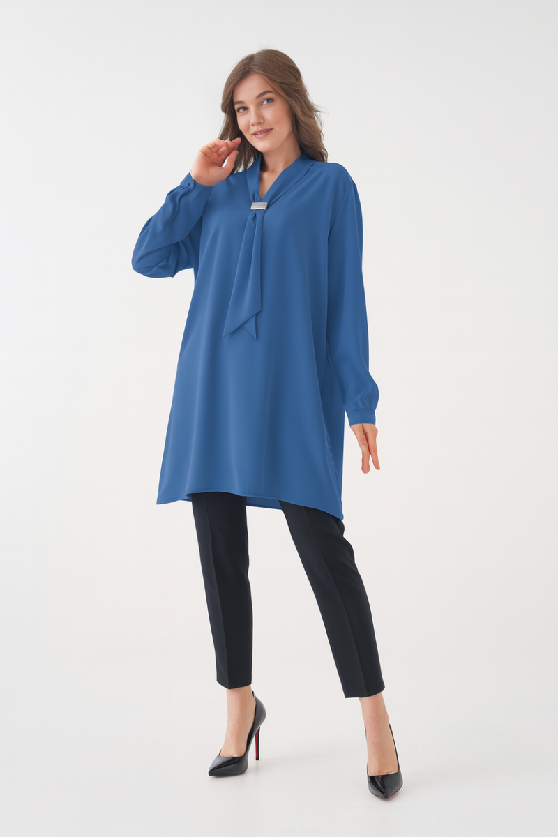 Relaxed Fit V-neckline Long Sleeve Tunic with Brooch Detail in Indigo