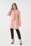 Relaxed Fit V-neckline Long Sleeve Tunic with Brooch Detail in Pink