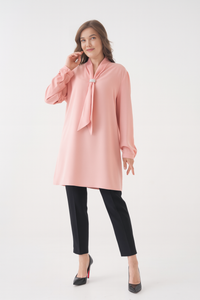 Relaxed Fit V-neckline Long Sleeve Tunic with Brooch Detail in Pink