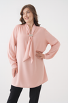 Relaxed Fit V-neckline Long Sleeve Tunic with Brooch Detail in Pink